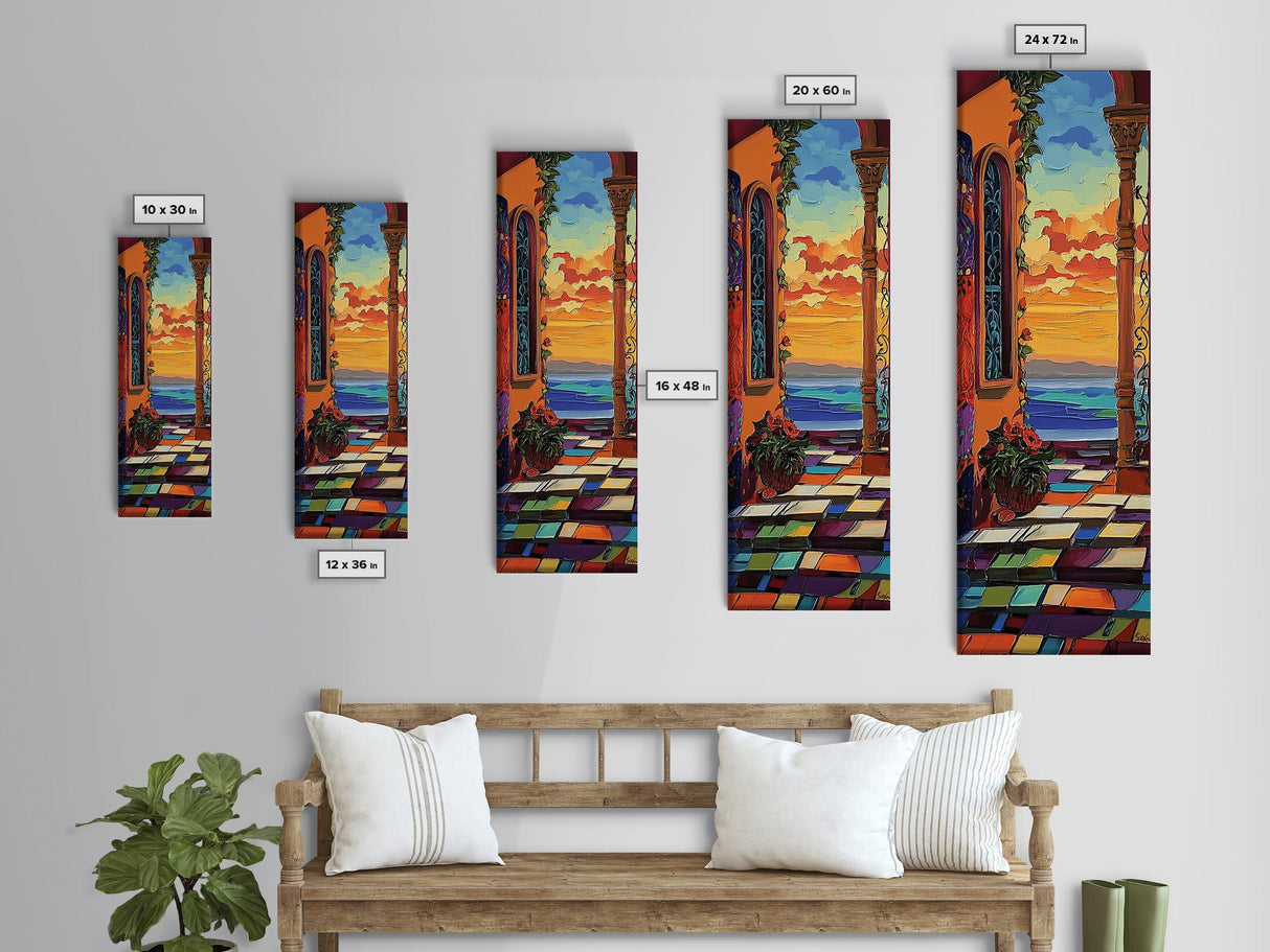Ocean Sunset, Arched View, Coastal Glow, Framed Canvas Print, vibrant beach sunset art, tropical patio decor, colorful kitchen wall art
