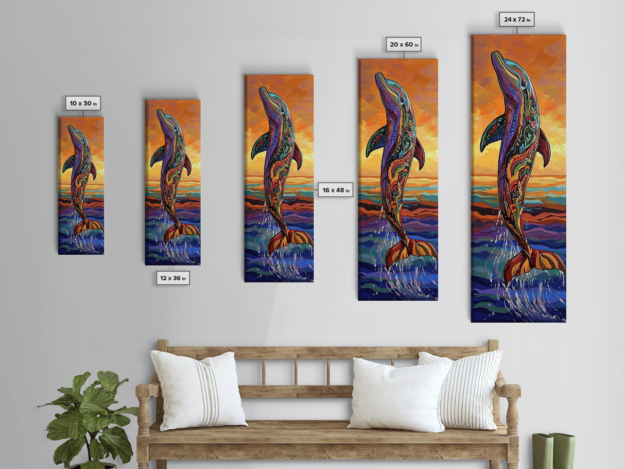 Dolphin Ocean, Sunset Splash, Vibrant marine wall decor Framed Canvas Print, colorful coastal boho art, beach house wall art