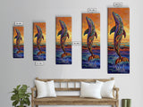 Dolphin Ocean, Sunset Splash, Vibrant marine wall decor Framed Canvas Print, colorful coastal boho art, beach house wall art