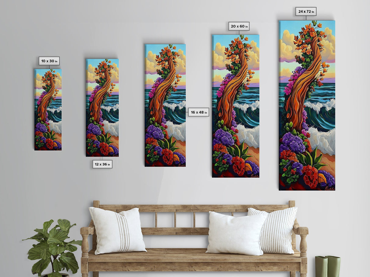 Tree Ocean, Flowers Waves, Whimsical tree by sea Framed Canvas Print, vibrant fantasy wall art, kids room or decor