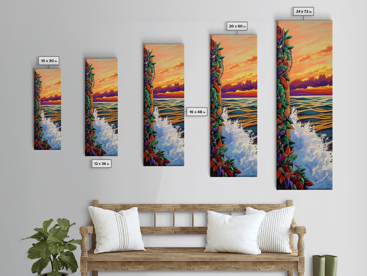 Sunset Waves, Colorful Leaves, Beach Serenity, Framed Canvas Print, vibrant ocean wall decor, boho coastal living room art
