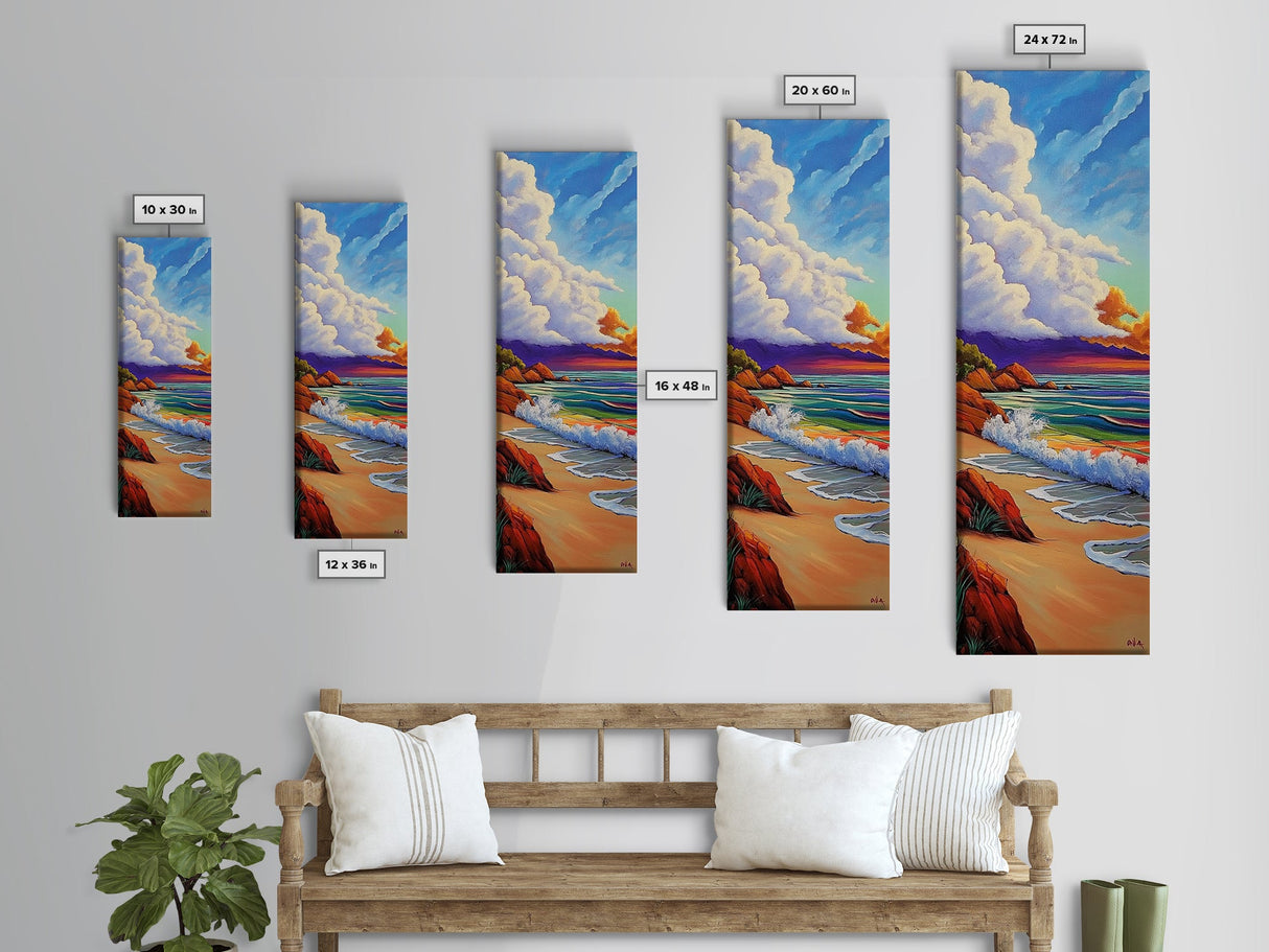Peaceful Shoreline, Colorful Sunset, Framed Canvas Print ocean waves art, colorful sunset beach painting, vibrant sky seascape, nature art