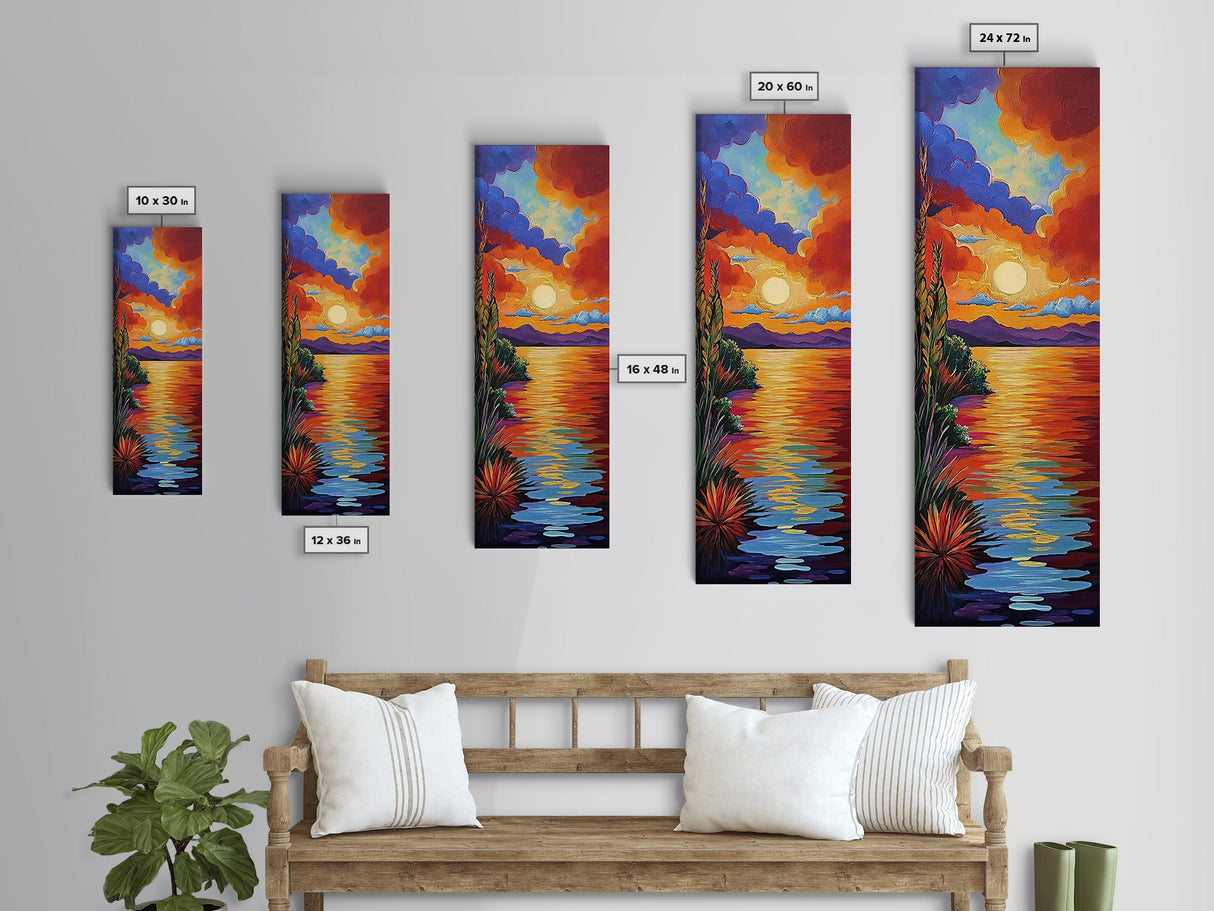 Sunset Reflections, Bold Lake, Framed Canvas Print vibrant sunset over water, colorful sky and lake scene, tranquil evening art, nature decor