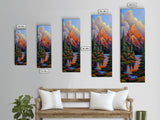 Mountain Pines, Autumn Stream, Framed Canvas Print vibrant alpine landscape painting, autumn trees and lake reflection, rustic lodge wall decor