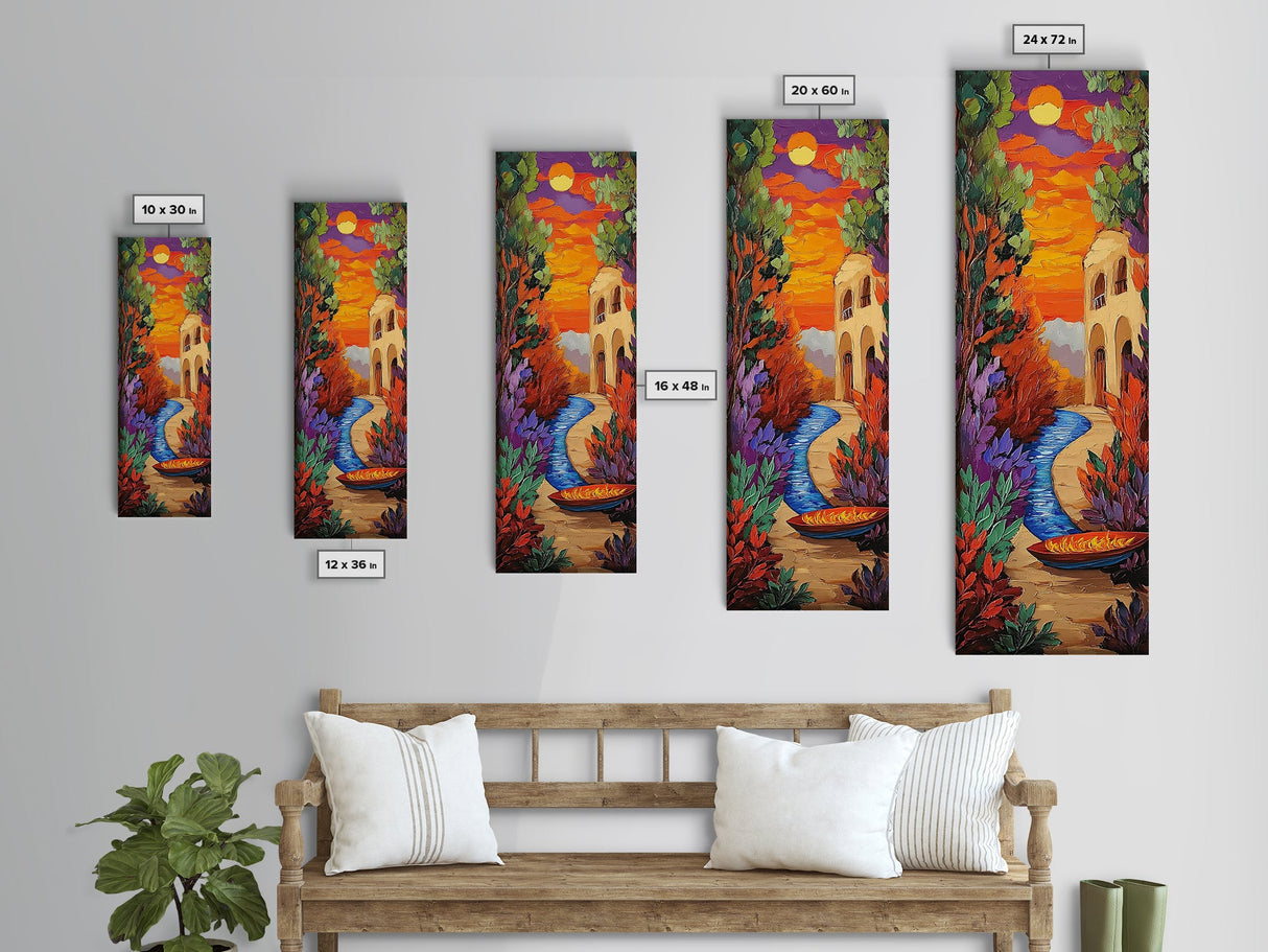 Sunset River, Autumn Glow – Framed Canvas Print fall foliage landscape art, moody abstract painting, warm tones hallway wall art, boho decor