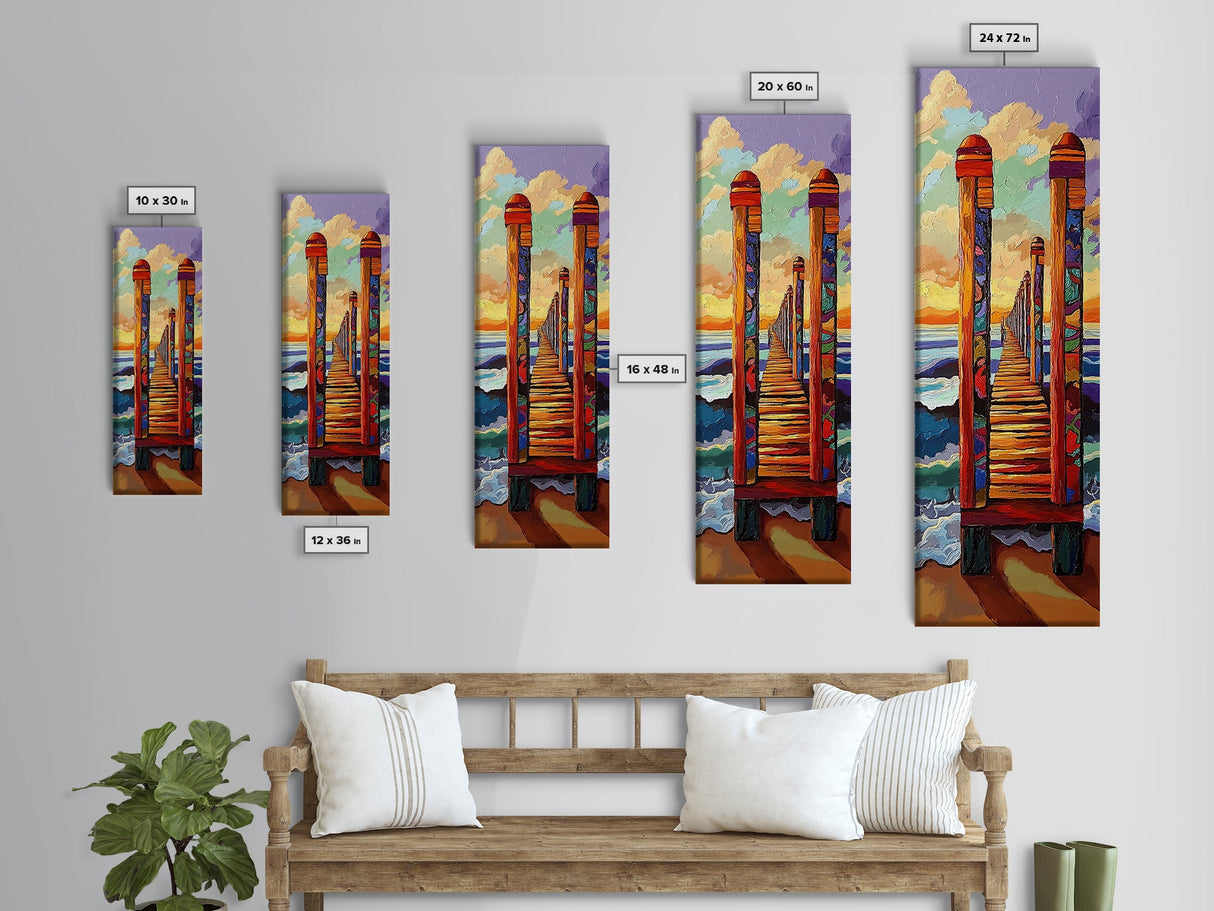 Pier Sunset, Coastal Journey – Canvas Print colorful beach landscape painting, ocean wall decor, coastal living room wall art, vibrant seascape
