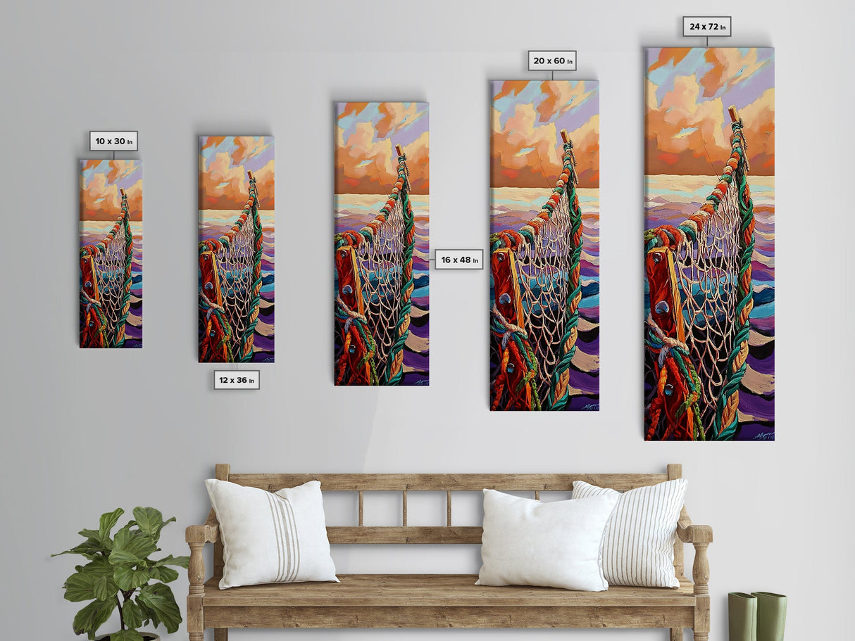 Net Ocean, Sunset Nautical – Canvas Print rustic fisherman’s net painting, nautical themed wall art, beach decor, living room statement art