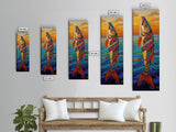 Tribal Fish, Ocean Sunset, Nautical Folk Art, Framed Canvas Print, coastal kitchen decor, whimsical ocean creature, colorful boho wall art
