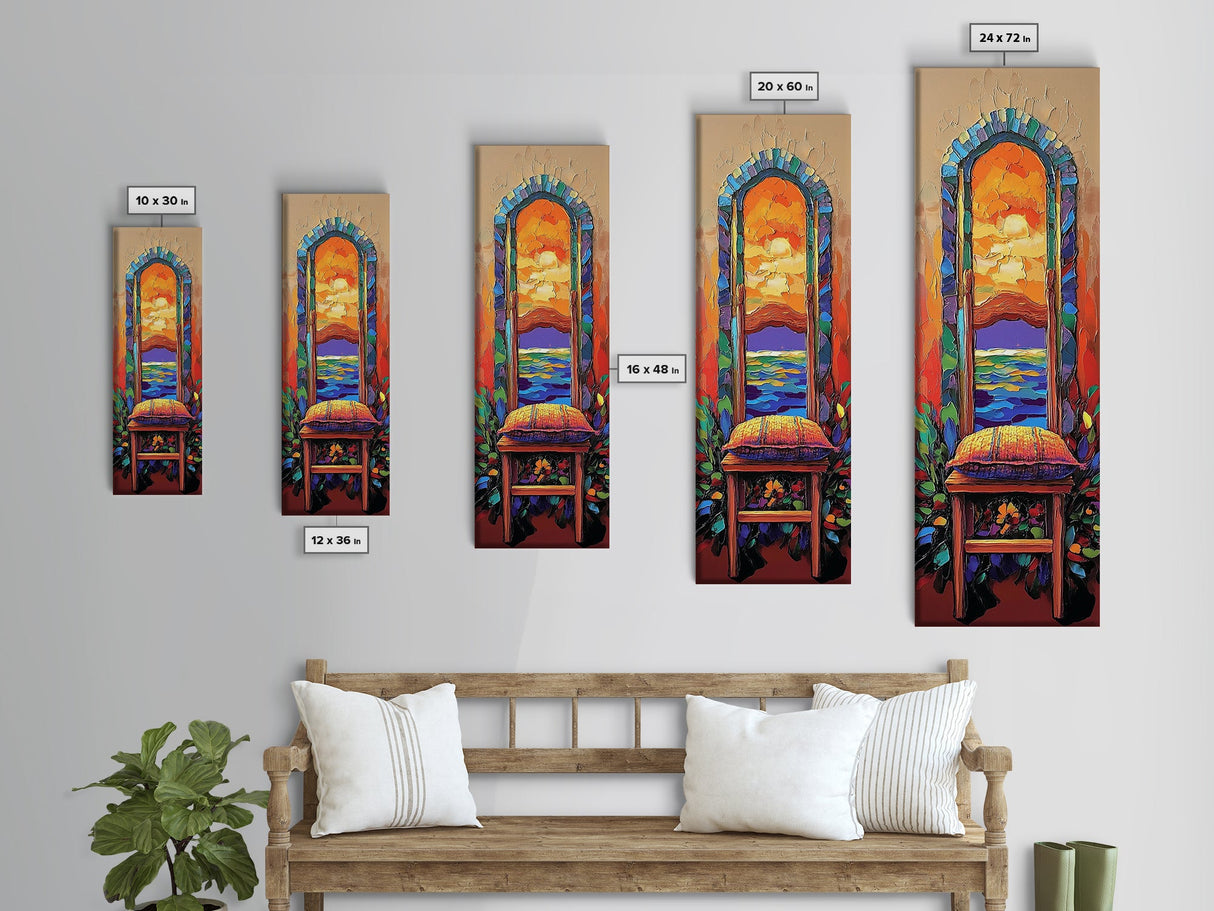 Chair, Window, Dream View, Colorful Surreal Framed Canvas Print, Vibrant Boho Wall Art, Bedroom Accent Piece, Artistic Home Decor Statement