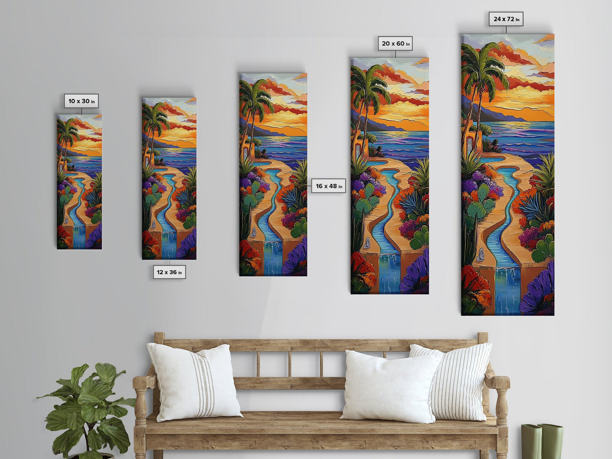 Sunset, Palms, Cactus, Stream - Framed Canvas Print, Tropical Desert Wall Art, Southwest Coastal Decor, Colorful Living Room Boho Painting