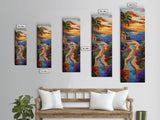 Sunset, Palms, Cactus, Stream - Framed Canvas Print, Tropical Desert Wall Art, Southwest Coastal Decor, Colorful Living Room Boho Painting