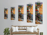 Seaside, Villa, Sunset, Palms, Framed Canvas Print, Coastal tropical wall art, beach house decor, boho living room painting, colorful home vibes