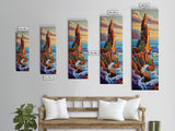 Cliff, Ocean, Wildflowers, Waves, Framed Canvas Print, Coastal nature wall art, vibrant landscape decor, colorful living room painting