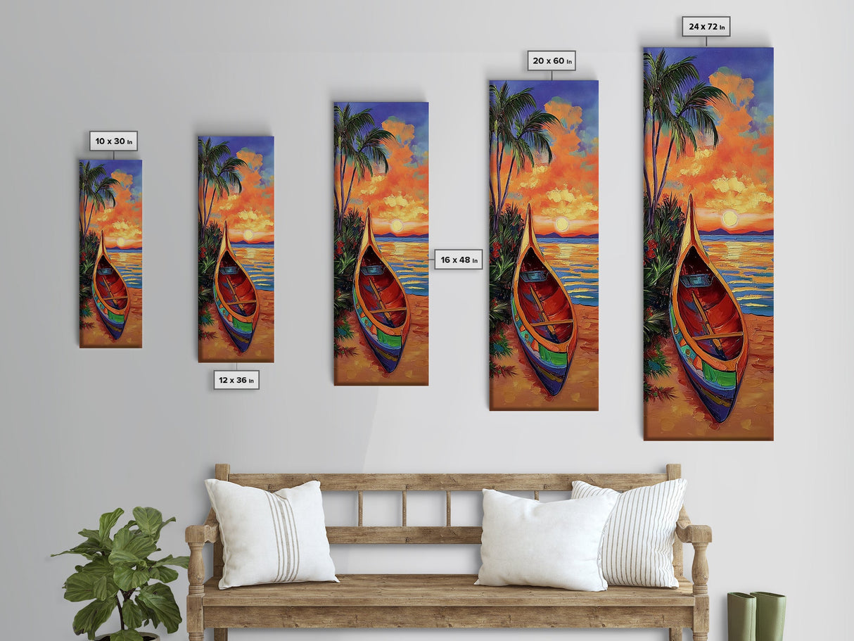Sunset, Boat, Beach, Tropical, Framed Canvas Print, coastal boat painting, beach wall art, living room decor, colorful sunset, nautical art