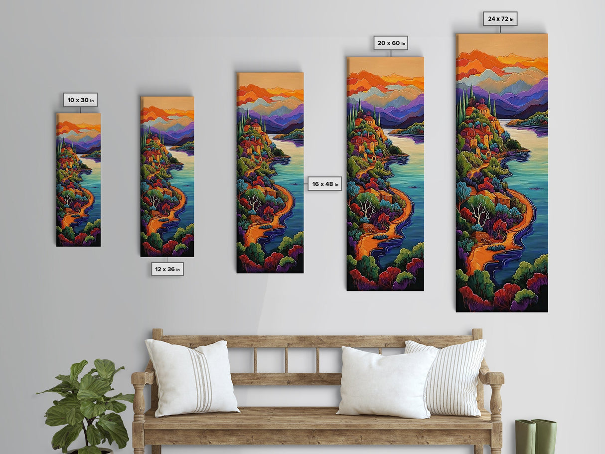 Village, Hillside, Autumn, Mediterranean, Framed Canvas Print, Mediterranean village painting, Fall landscape decor, vibrant hillside town art