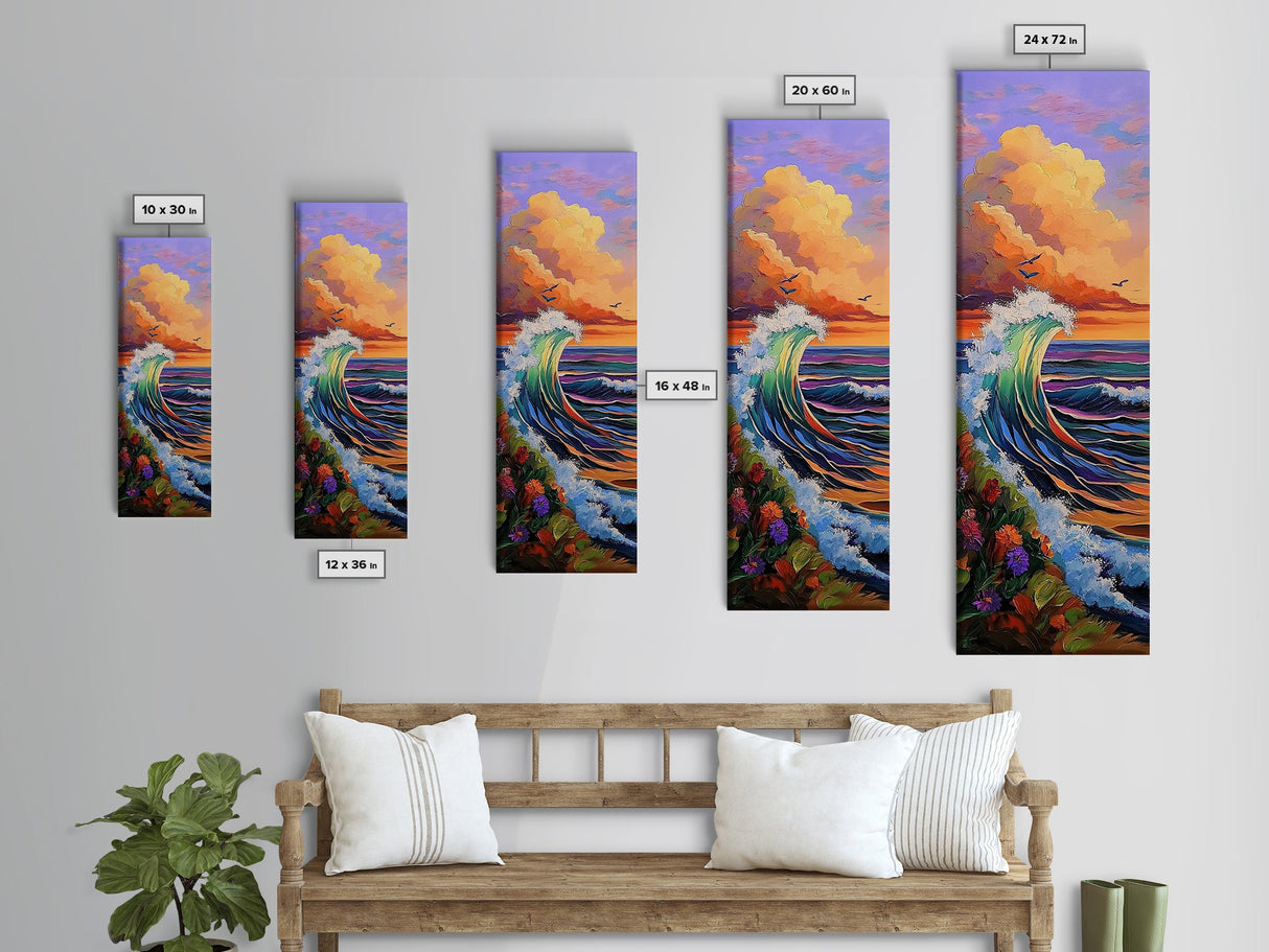 Wave, Sunset, Surf, Ocean, Canvas Print, dramatic wave crashing painting, sunset surf wall art, vibrant beach decor, surf shack canvas