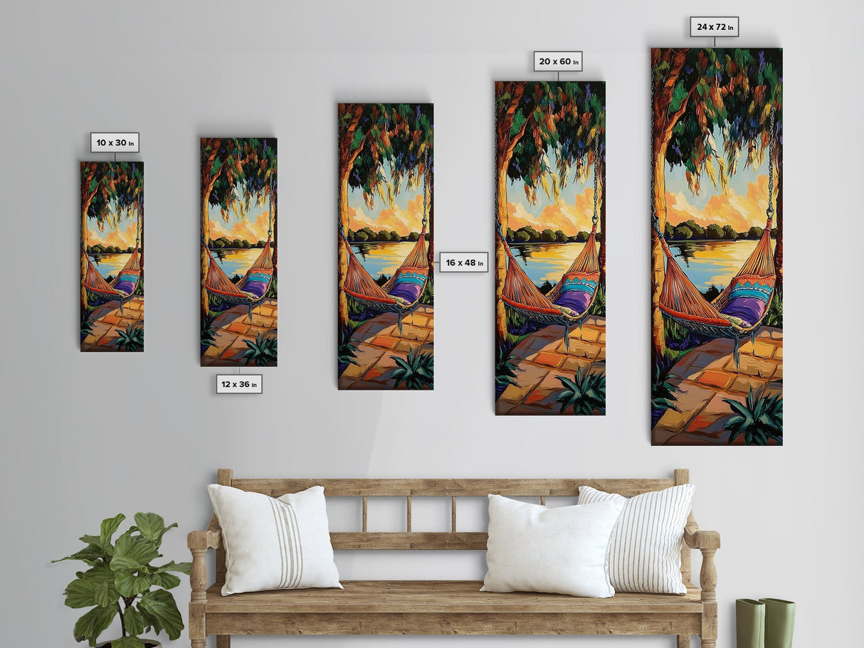 Hammock, Sunset, Relaxation, Trees, Framed Canvas Print, Boho Patio Wall Decor, Summer Vibes, Chill Outdoor Art, Serene Living Room Accent