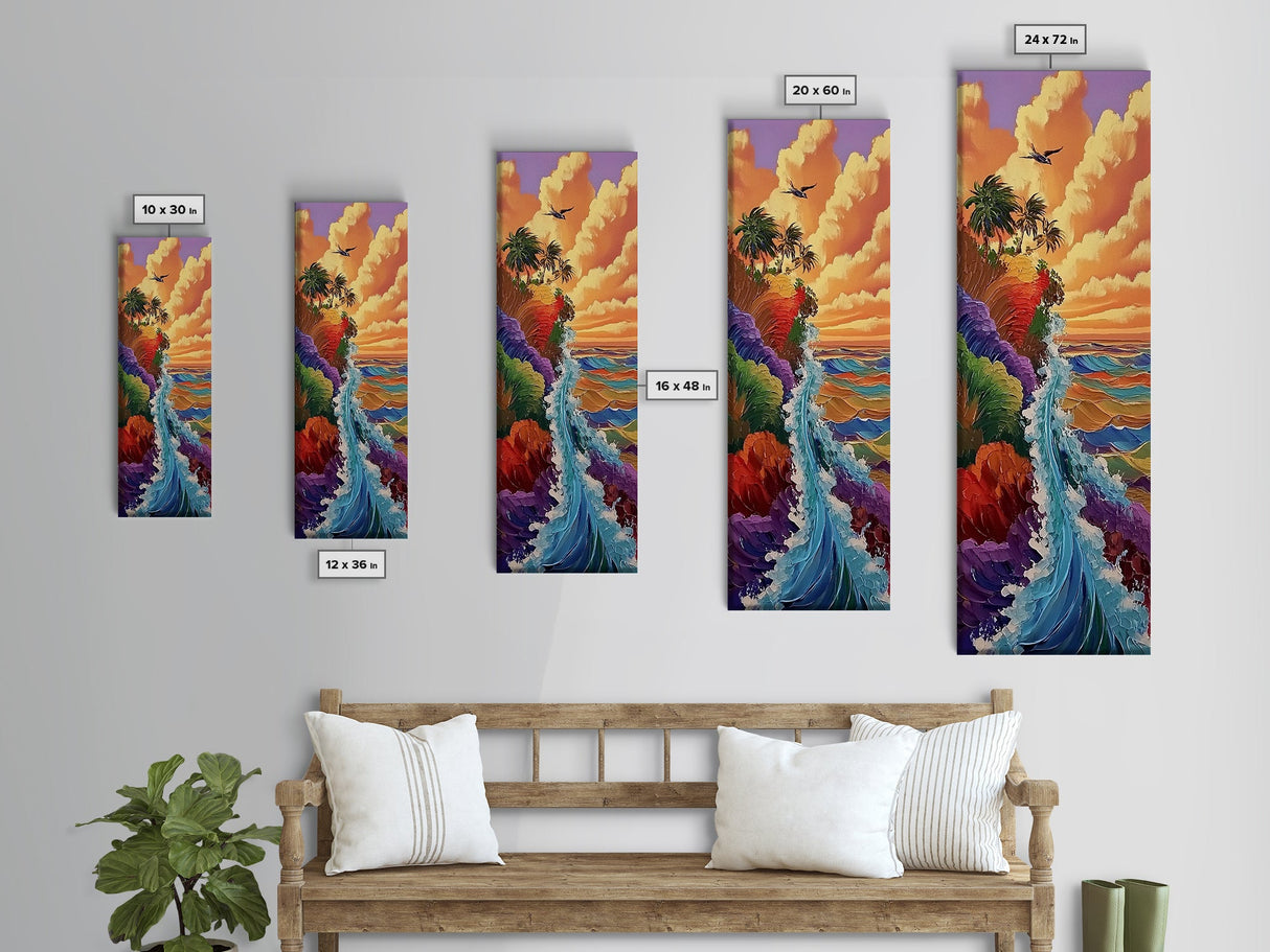 Rainbow Cliff, Ocean Waves, Sunset Coast, Framed Canvas Print, tropical beach decor, vibrant boho wall art, coastal entryway painting