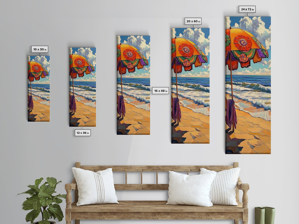 Beach, Umbrella, Waves, Retro Summer Vibes Coastal Framed Canvas Print, Colorful Ocean Wall Art, Beach House Decor, Living Room Art