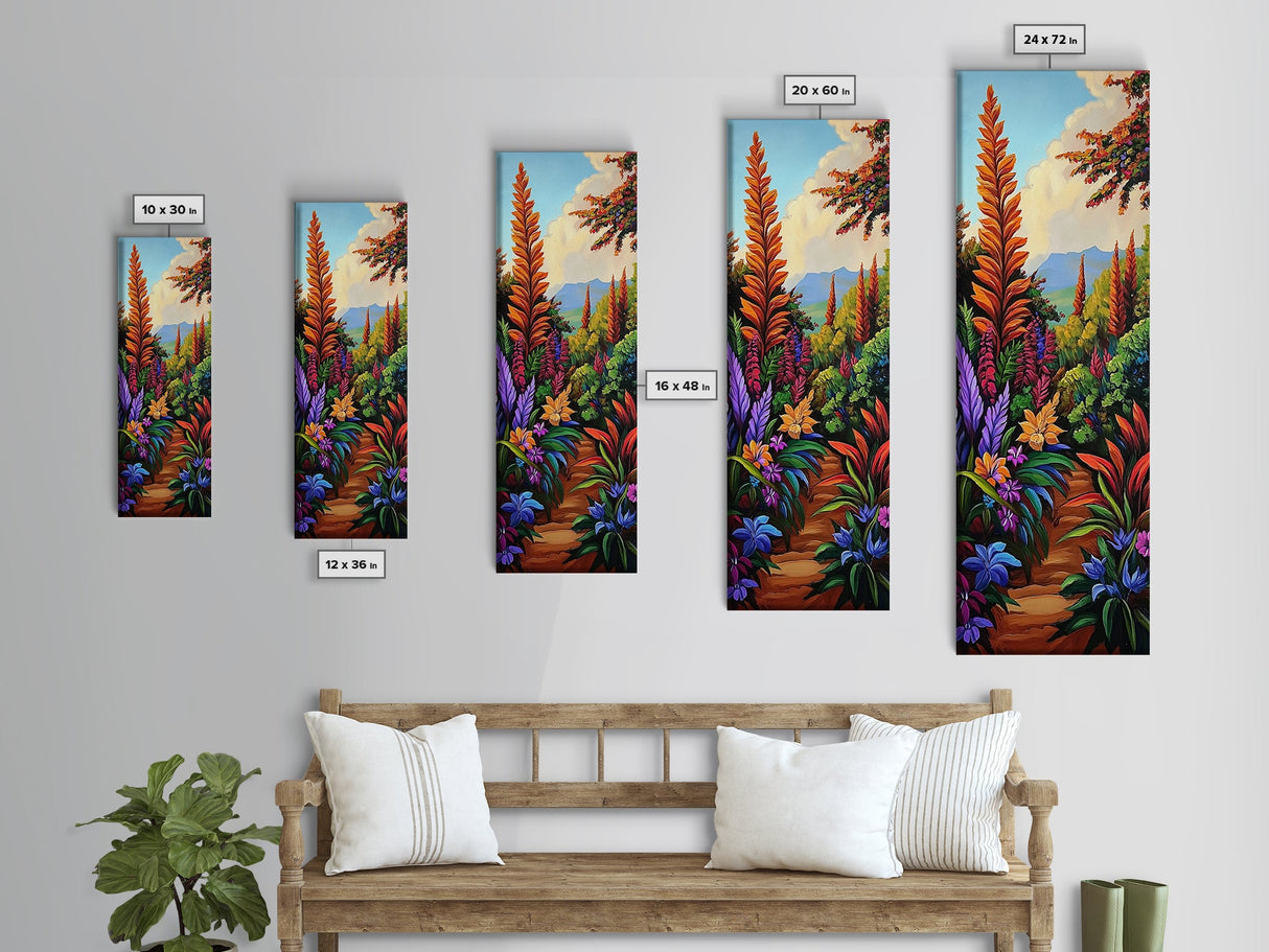 Jungle, Pathway, Tropical, Florals, Framed Canvas Print vibrant rainforest trail painting boho nature themed hallway or office wall art