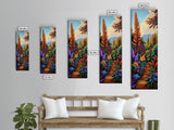 Jungle, Pathway, Tropical, Florals, Framed Canvas Print vibrant rainforest trail painting boho nature themed hallway or office wall art
