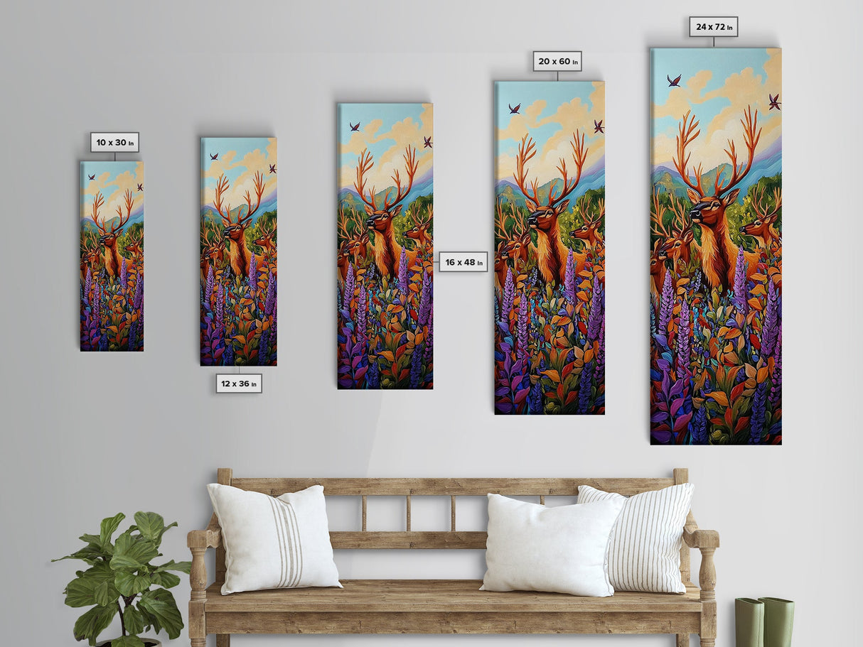 Elk, Meadow, Nature, Art, Framed Canvas Print featuring deer herd in wildflowers, cozy lodge style, Autumn cabin decor, rustic wall art