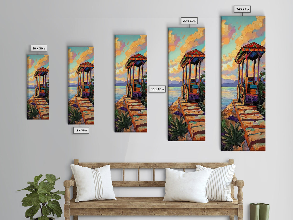 Wagon, Desert, Sunset, Vibes, Framed Canvas Print with rustic colorful wagon, boho western decor, entryway wall art, farmhouse aesthetic