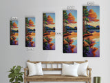 Lake, Pines, Sunset, Art, Framed Canvas Print of forest lakeside at golden hour, tranquil nature art, cozy cabin wall decor, Fall vibes
