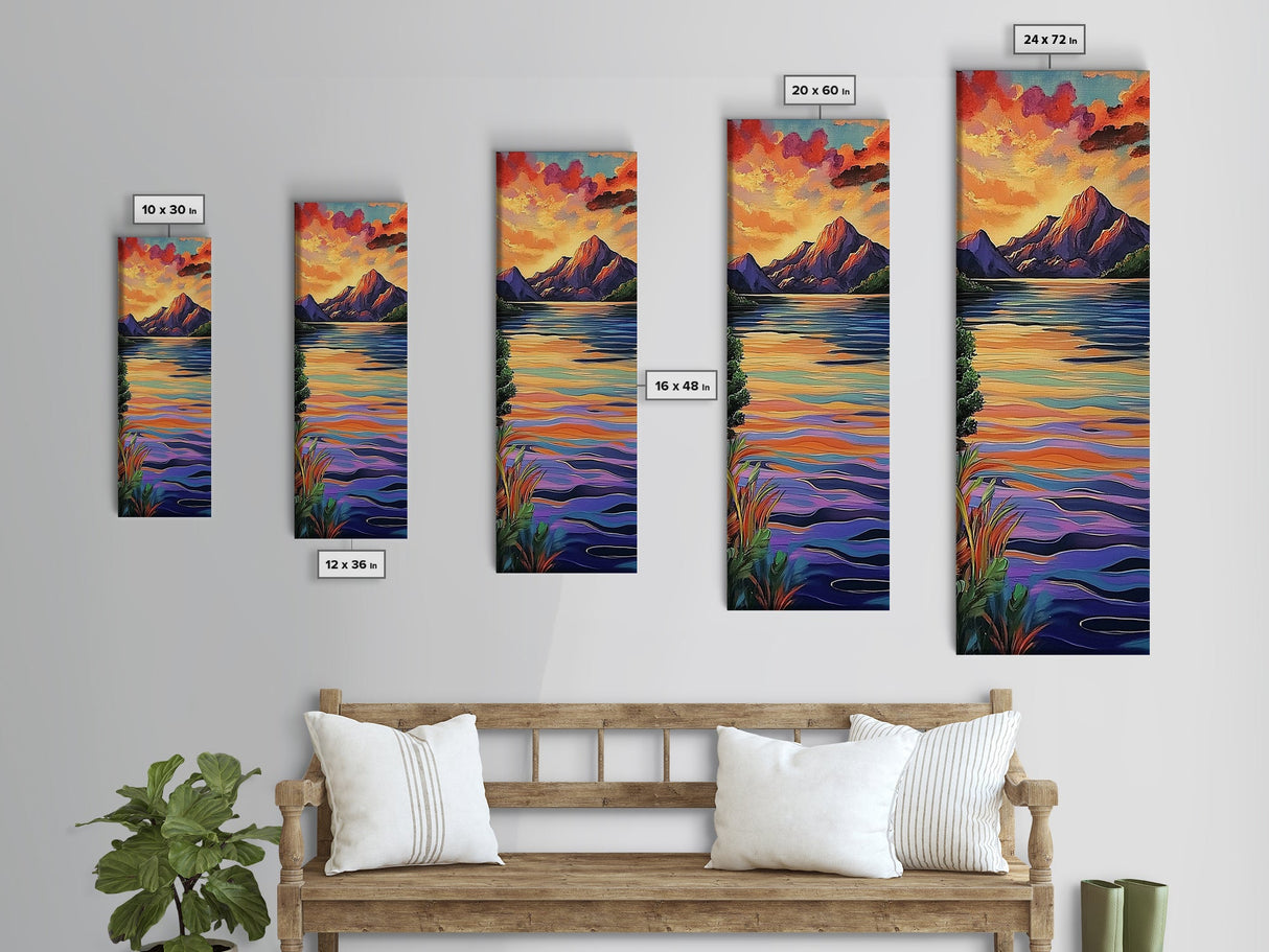 Sunset, Mountain, Reflection, Lake, Framed Canvas Print with vibrant water, dramatic skies, boho living room wall art, nature lover gift