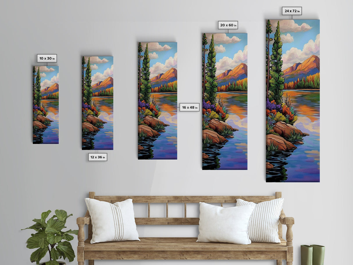 Autumn, Pines, Lake, Serenity, Framed Canvas Print with fall forest reflection, rustic cabin decor, cozy living room art, woodland scene
