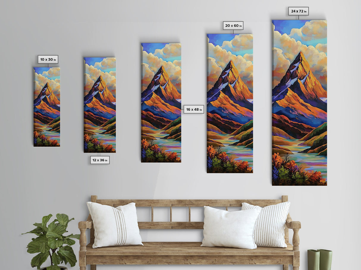 Majestic, Peak, River, Valley, Framed Canvas Print with dramatic alpine scenery, rustic lodge wall decor, fall landscape, nature art