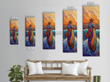 Woman, Sunset, Canoe, Vibrant Mexican Sunset Canvas Print, Latin American Decor, Living Room Wall Art, Bohemian Coastal Painting