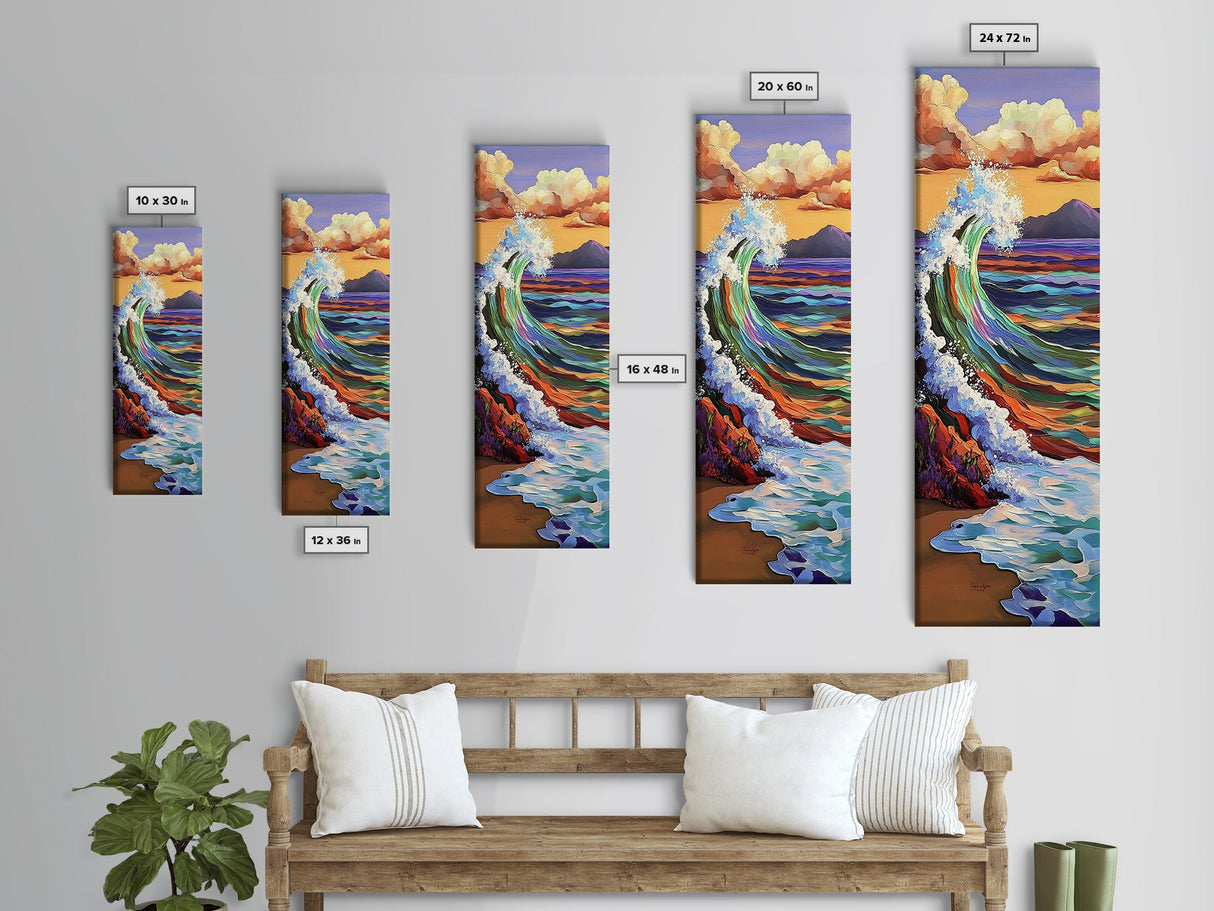 Rainbow, Wave, Sea, Surf, Framed Canvas Print, Bold Ocean Art, Coastal Wall Decor, Surfer Boho Style, Beach House Accent