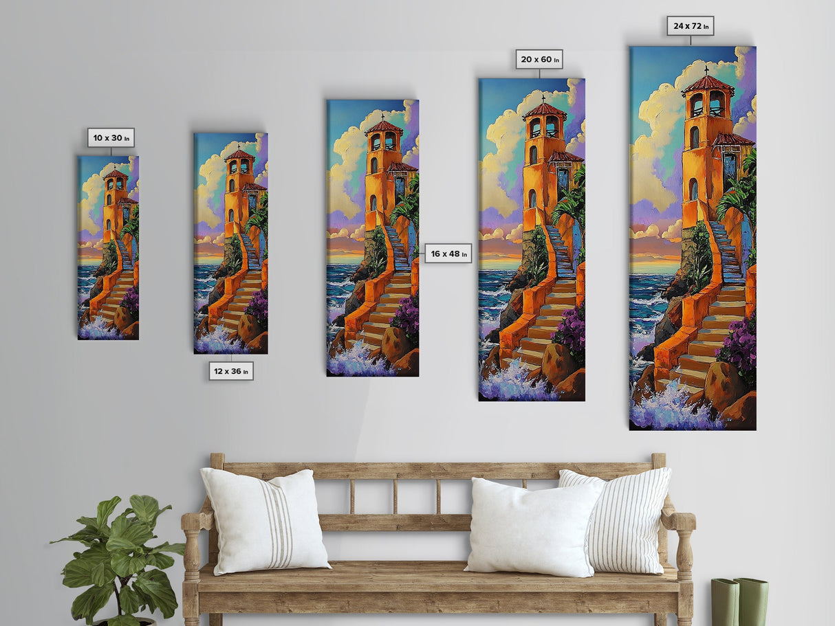 Tower, Steps, Ocean, Chapel, Framed Canvas Print, Vibrant Seaside Wall Art, Entryway Decor, Coastal Sunset Scene