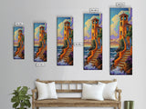 Tower, Steps, Ocean, Chapel, Framed Canvas Print, Vibrant Seaside Wall Art, Entryway Decor, Coastal Sunset Scene
