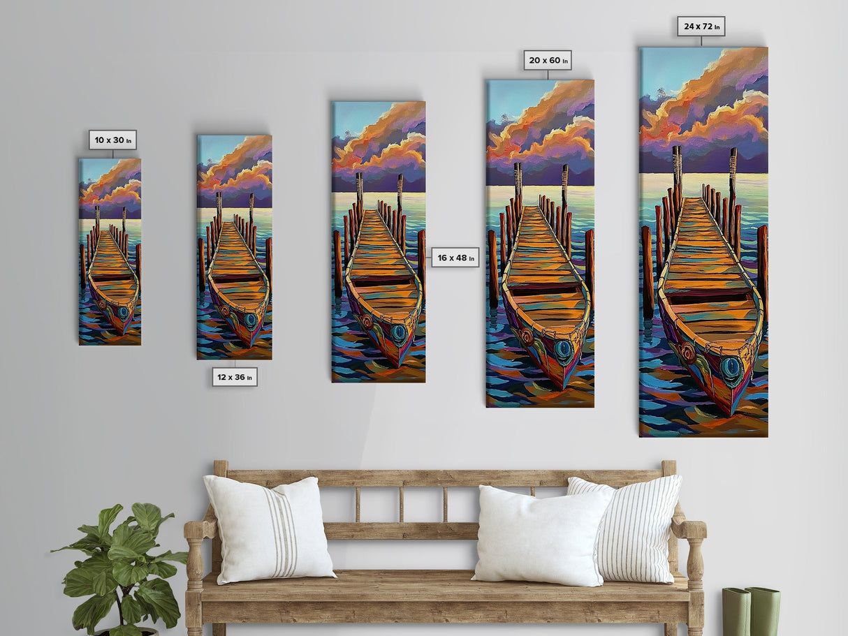 Boat, Dock, Sunset, Water, Canvas Print, Serene Nautical Wall Art, Lakehouse Decor, Minimalist Ocean Landscape, Peaceful Seascape