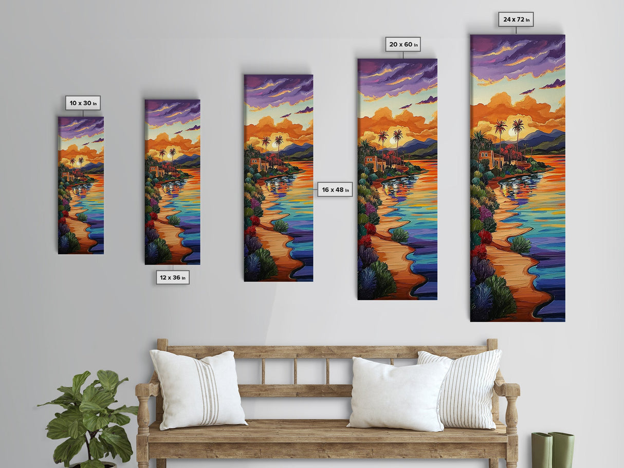 Sunset, Palm Trees, Water, Reflection, Framed Canvas Print, Tropical boho art ideal Living Room Wall Art or Beach House Coastal Decor