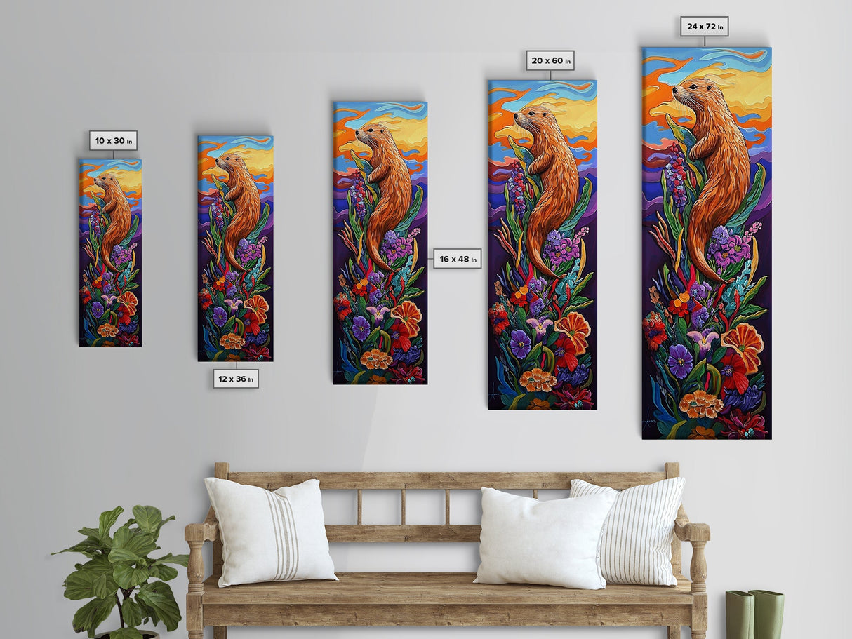 Otter, Flowers, Fantasy, Wildlife, Framed Canvas Print, Whimsical animal art in vibrant palette, ideal Nursery Art or Nature Lover Decor
