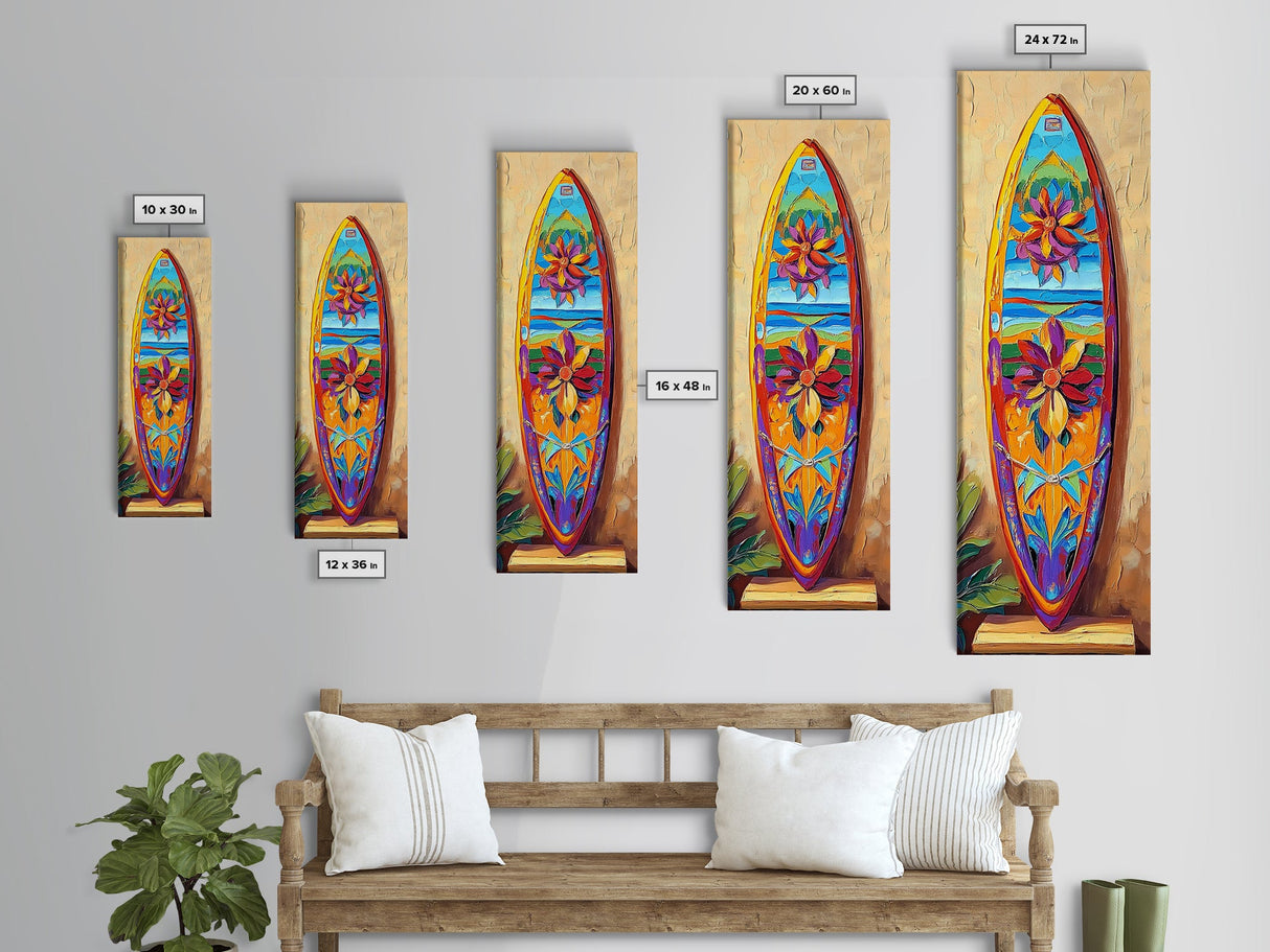 Surfboard, Floral, Bright, Tropical - Canvas Print, Surfboard Wall Art, Beach House Decor, Tropical Living Room Accent, Summer Art Print