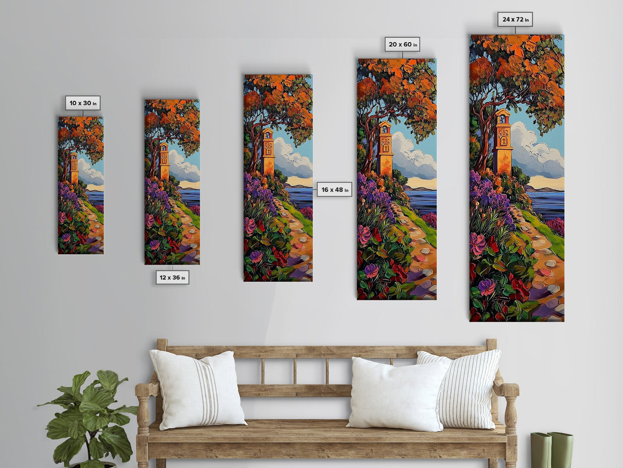 Coastal Bell Tower, Floral Pathway, Mediterranean Seaside Art, Vibrant Garden Style, Fall Home Accent, Framed Canvas Print