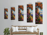 Coastal Bell Tower, Floral Pathway, Mediterranean Seaside Art, Vibrant Garden Style, Fall Home Accent, Framed Canvas Print