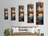 Grapevine Sunset, River, Wine Country Landscape Framed Canvas Print, Kitchen Wall Art, Autumn Boho Decor, Colorful Vineyard Scene