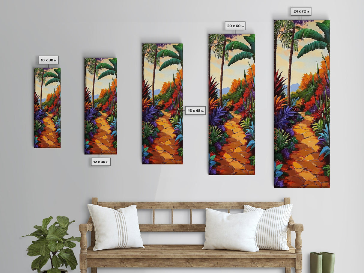 Tropical Pathway, Palms, Jungle Walkway Framed Canvas Print, Bohemian Wall Art, Bedroom Botanical Decor, Vibrant Nature Illustration