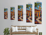Spanish Villa, Garden, Tropical House Framed Canvas Print, Southwestern Wall Decor, Vibrant Living Room Art, Colorful Home Scene