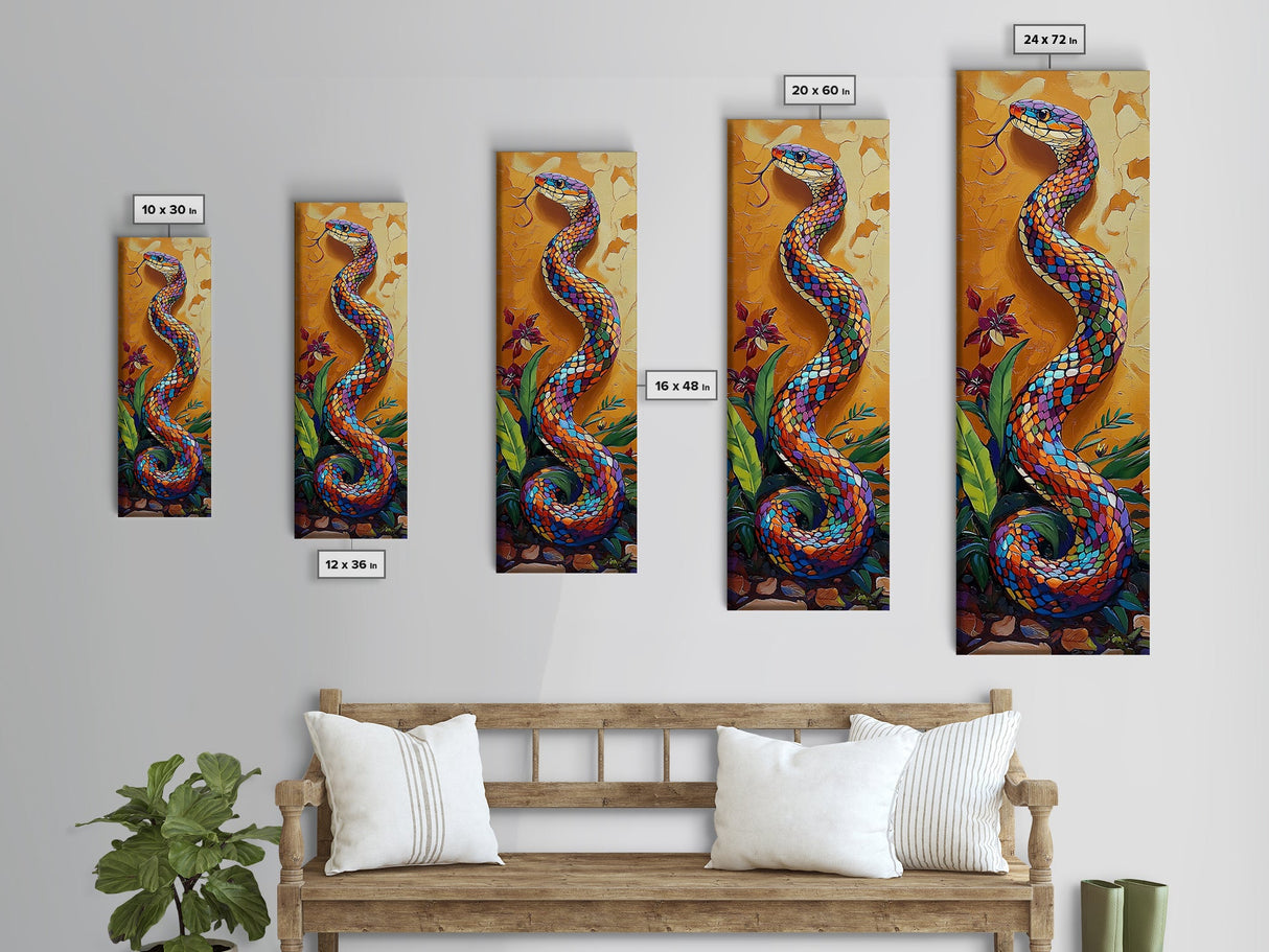 Colorful,Snake, Garden, Bold Mosaic Serpent Framed Canvas Print, Bohemian Wall Art, Unique Nature Decor, Southwestern Living Room