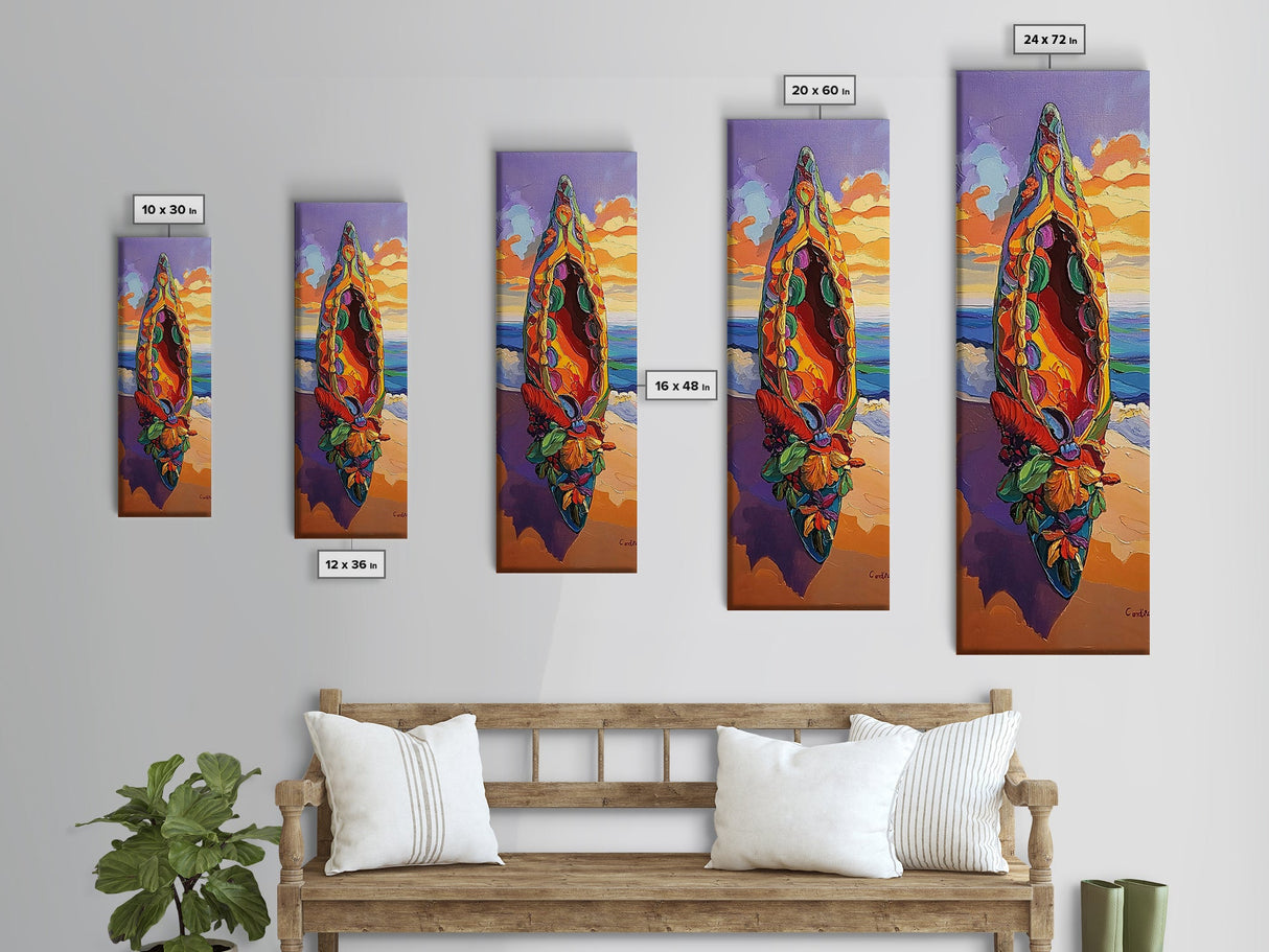 Canoe Beach, Sunset, Vibrant Boat Art Framed Canvas Print, Coastal Wall Decor, Tropical Living Room Art, Colorful Boho Adventure Scene
