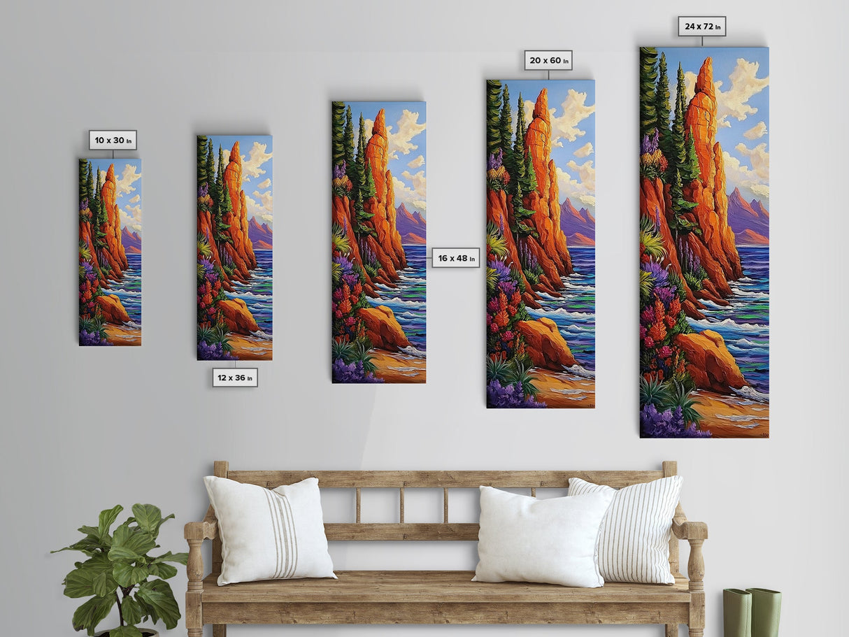 Rocky Shore, Wildflowers, Nature Trail, Framed Canvas Print, autumn coastal wall art, mountain and sea landscape, rustic home decor