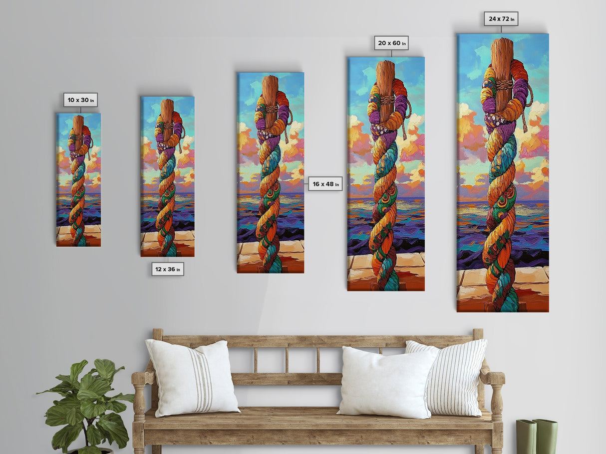 Nautical Rope, Pier, Art – Framed Canvas Print beach house decor, coastal rope wall art, nautical theme, vibrant colors, bathroom wall art