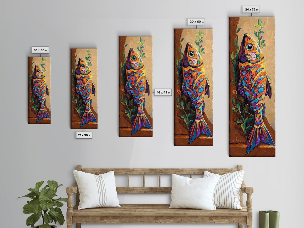 Colorful Fish, Folk Painting, Canvas Print Mexican folk art kitchen decor, ocean wall art, playful seafood theme, rustic coastal kitchen