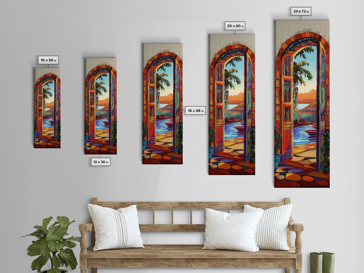 Open Doorway, Water, Boats — Canvas Print of seaside view through open door, perfect Coastal Bathroom Wall Art or Tropical Living Room Decor